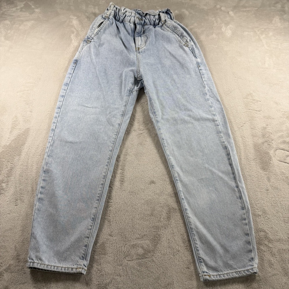ZARA Womens Light Wash Jeans Elastic High Rise Paperbag Waist Straight Leg XS 0